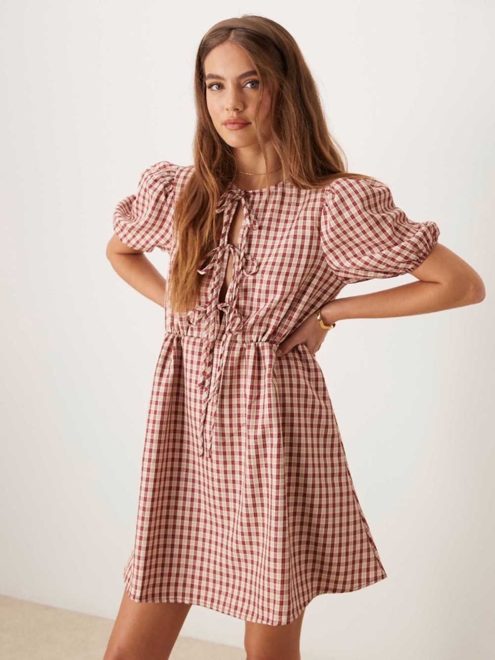 Glamorous smock dress with puff sleeves and tie front checkered